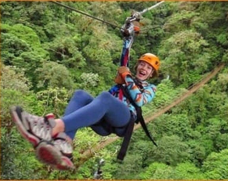 Persona en tirolesa entre los árboles del bosque nuboso